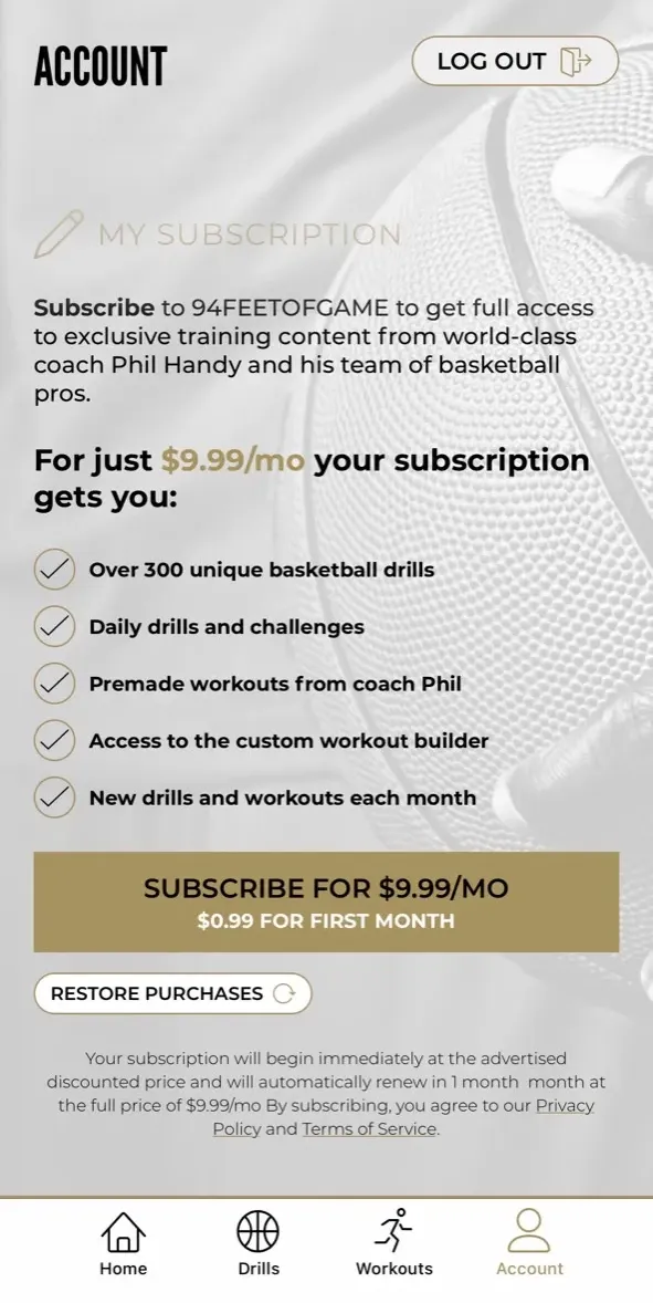 The paywall screen of the 94FEETOFGAME Basketball Drills app