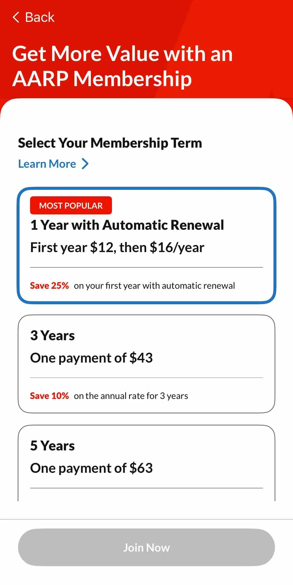 The paywall screen of the AARP Now app