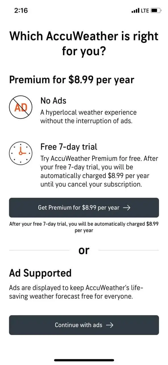 The paywall screen of the AccuWeather app