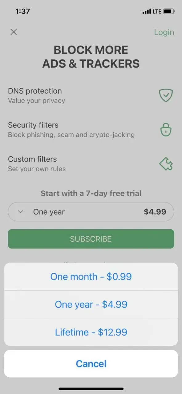 The paywall screen of the AdGuard app