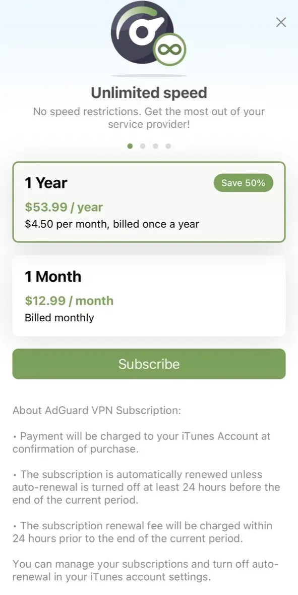 The paywall screen of the AdGuard VPN app