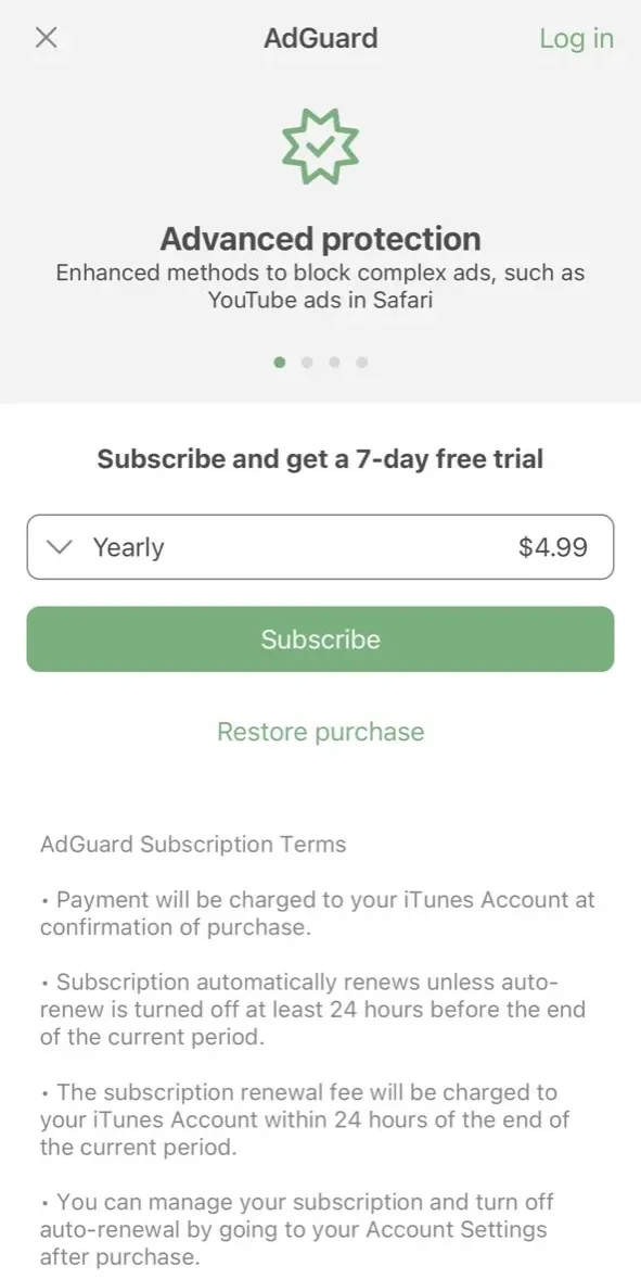 The paywall screen of the AdGuard app