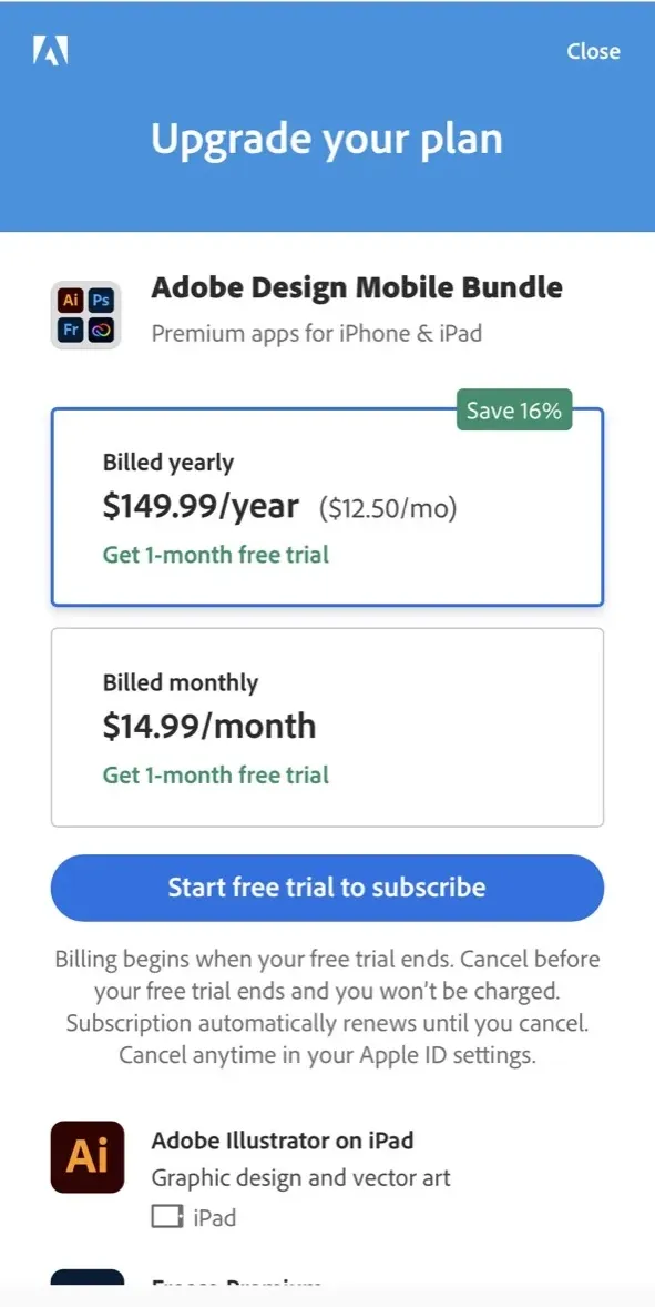 The paywall screen of the true app