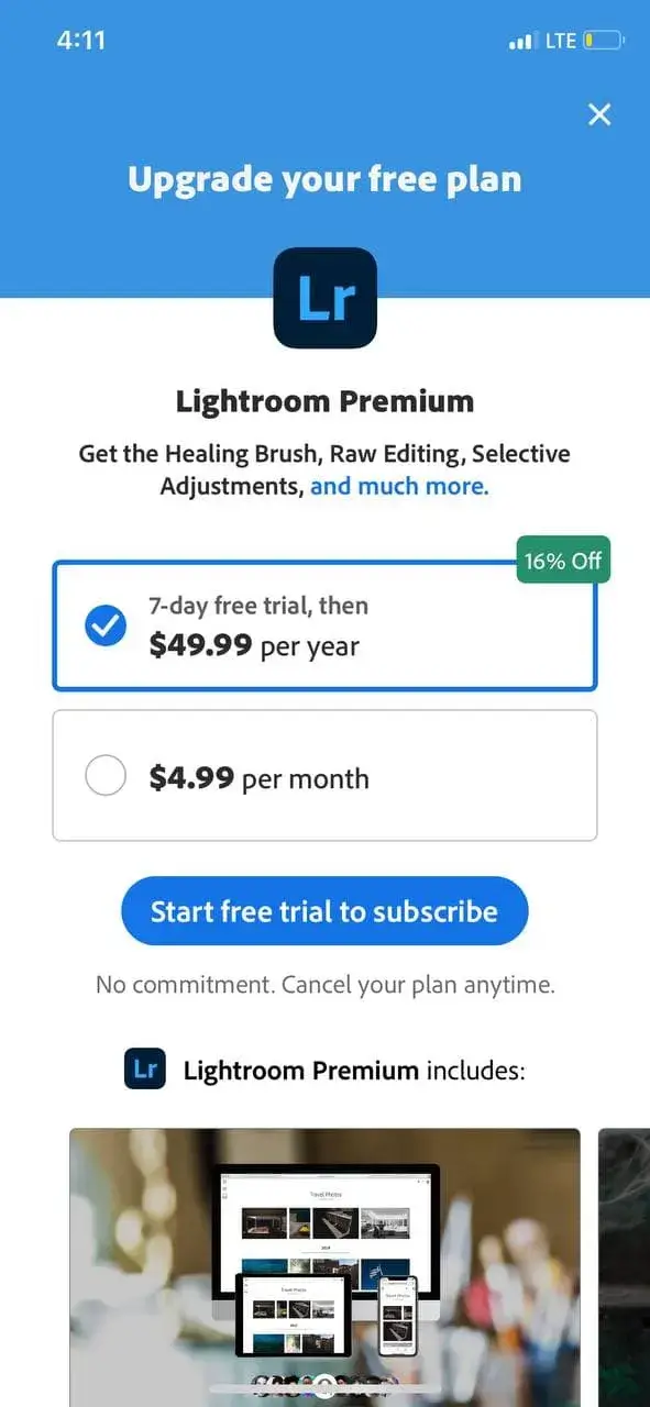 The paywall screen of the Lightroom Photo app