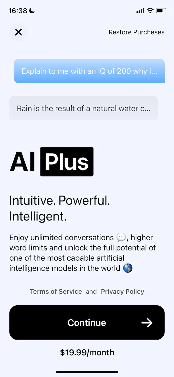 The paywall screen of the AI Chat app