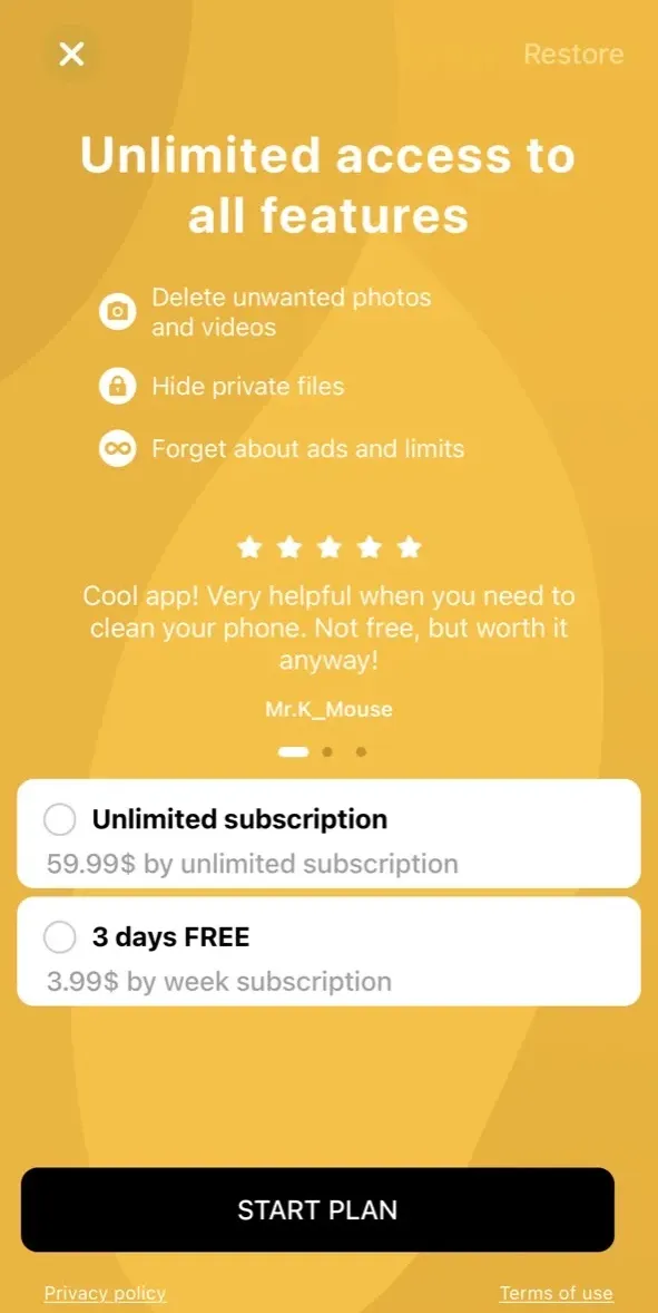 The paywall screen of the true app