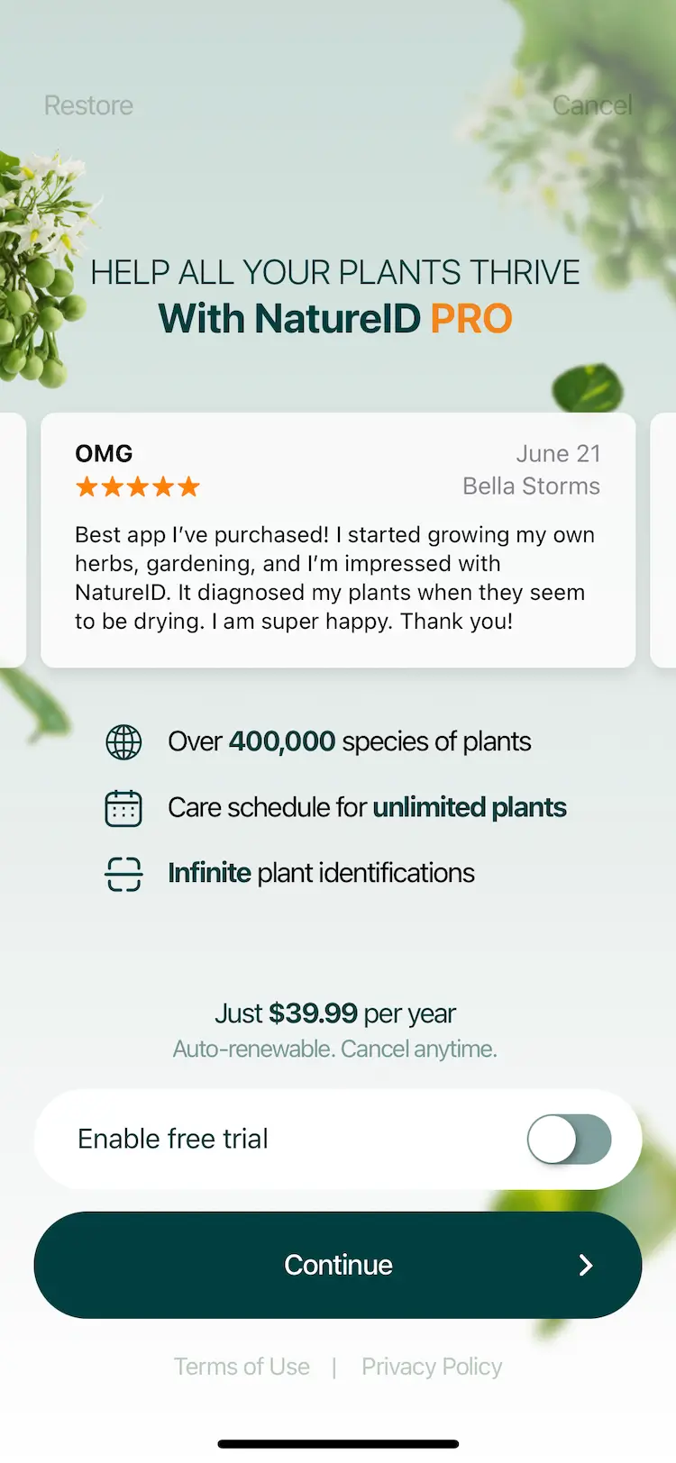 The paywall screen of the Plantum app