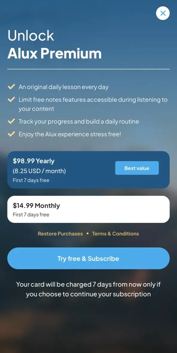 The paywall screen of the Alux app