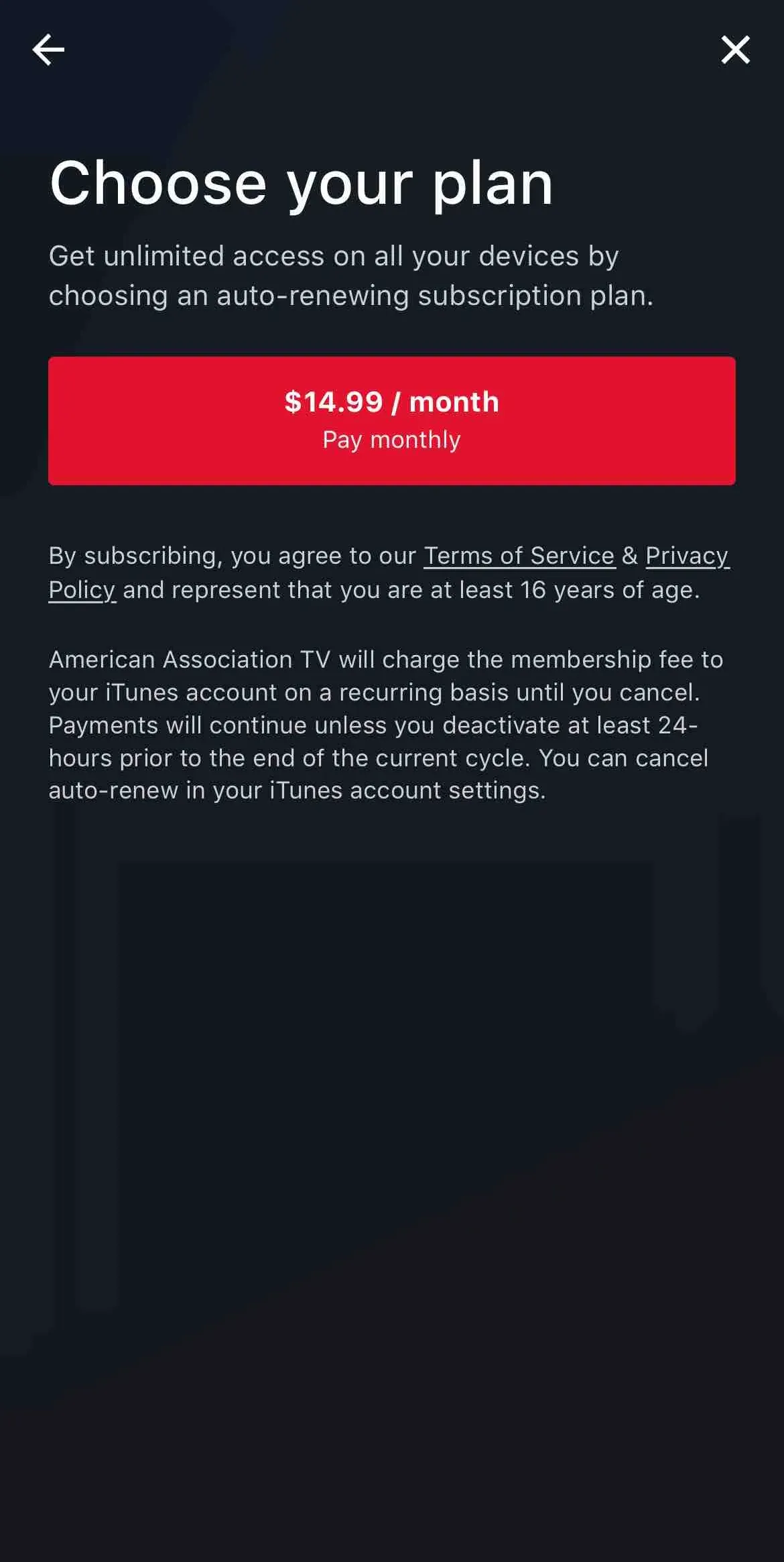 The paywall screen of the true app