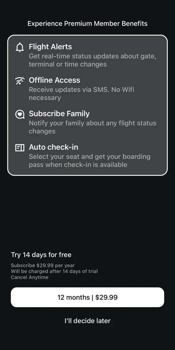 The paywall screen of the App in the Air app