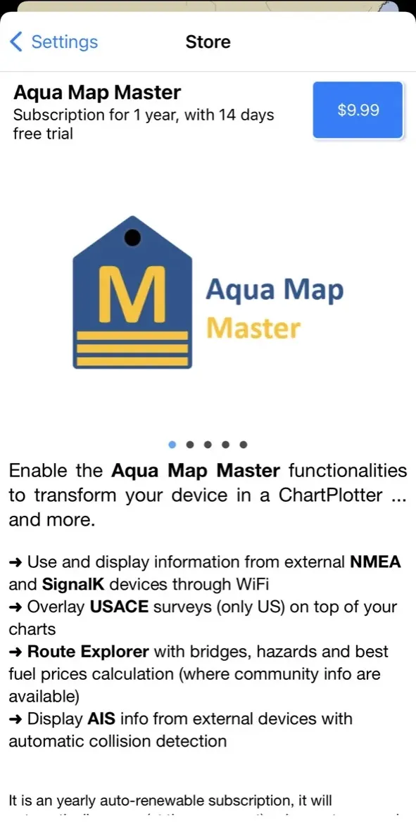 The paywall screen of the Aqua Map Boating app