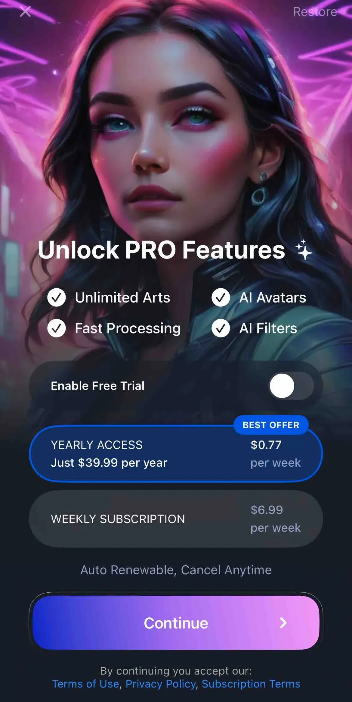 The paywall screen of the Artica app