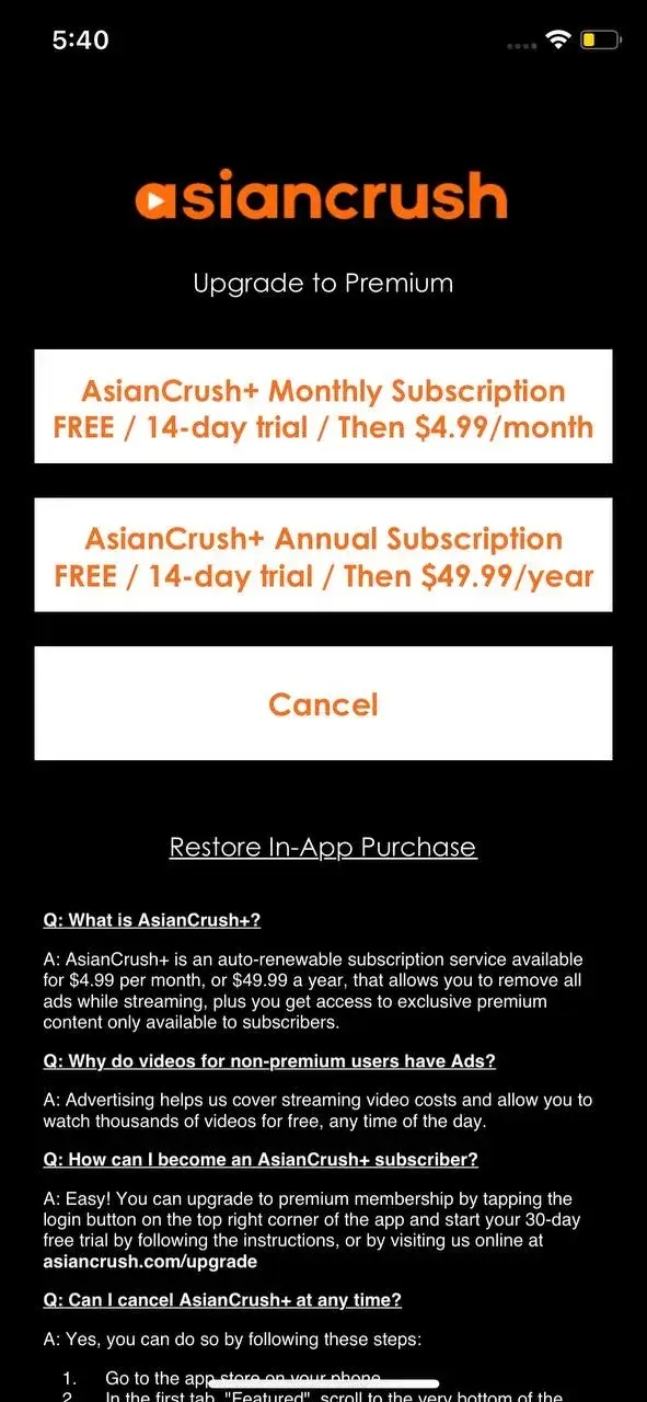 The paywall screen of the AsianCrush app