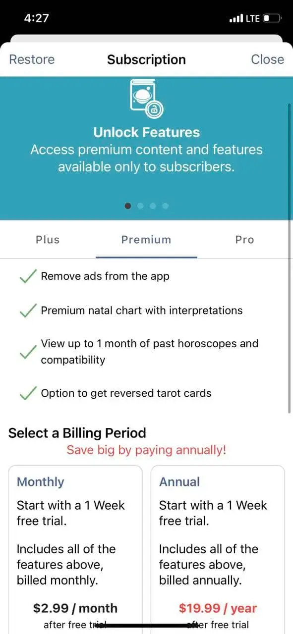 The paywall screen of the Astrolis Horoscopes app