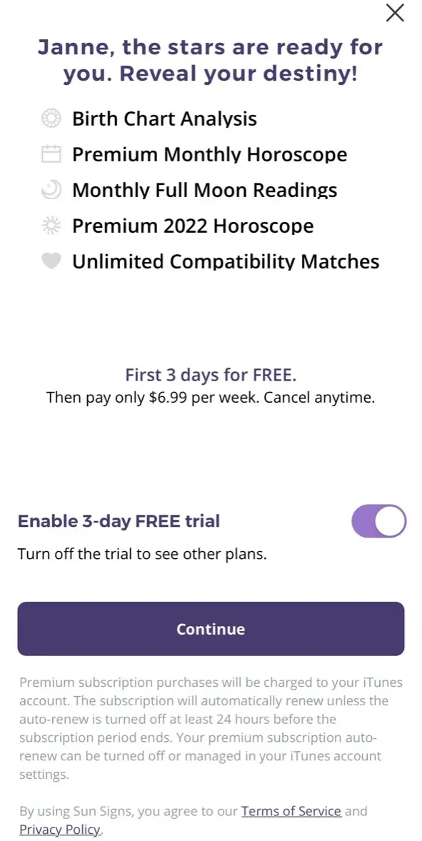 The paywall screen of the Astrology Plus app