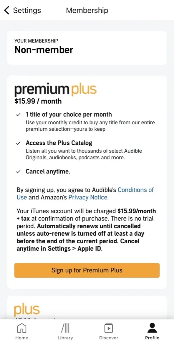 The paywall screen of the Audible app