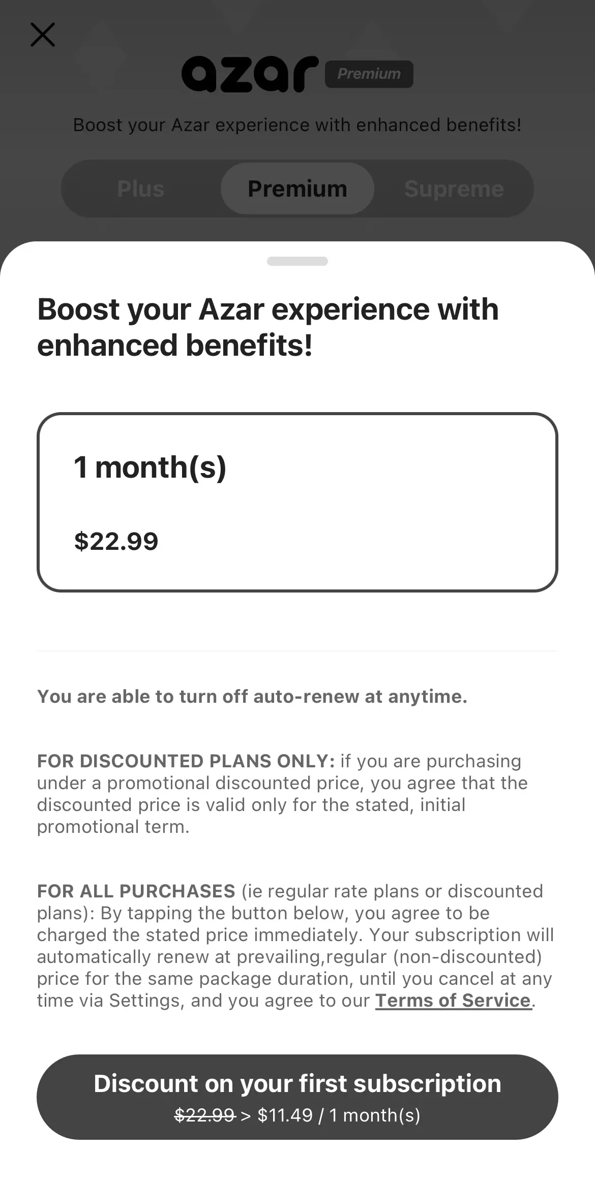 The paywall screen of the Azar app