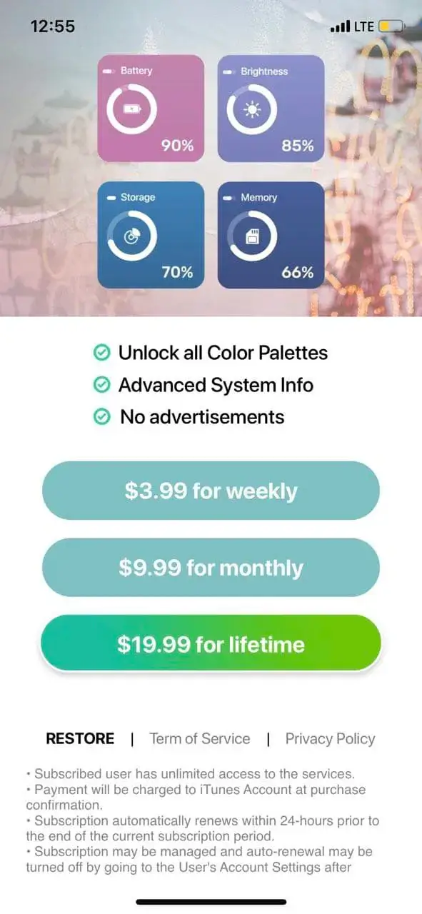 The paywall screen of the Battery Widget app