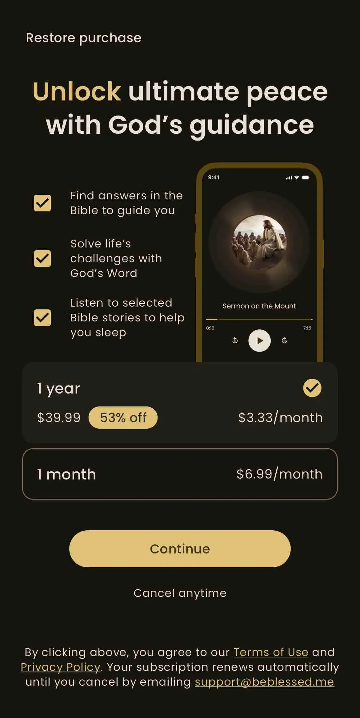 The paywall screen of the BeBlessedMe app