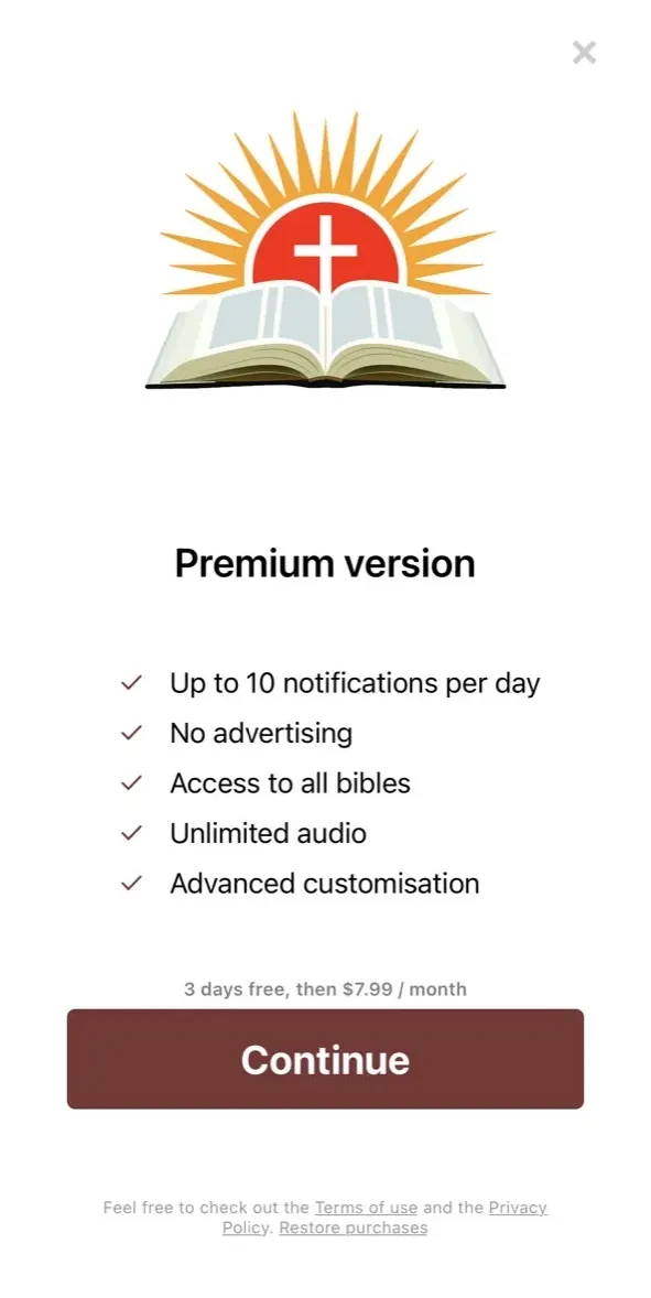 The paywall screen of the Bible app