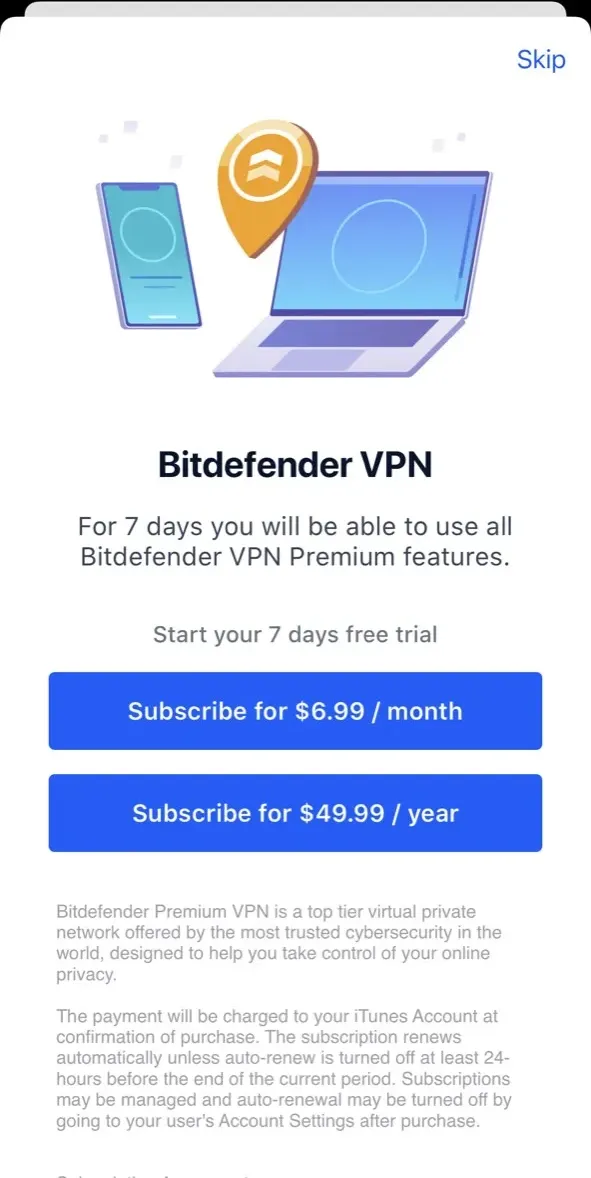 The paywall screen of the Bitdefender VPN app