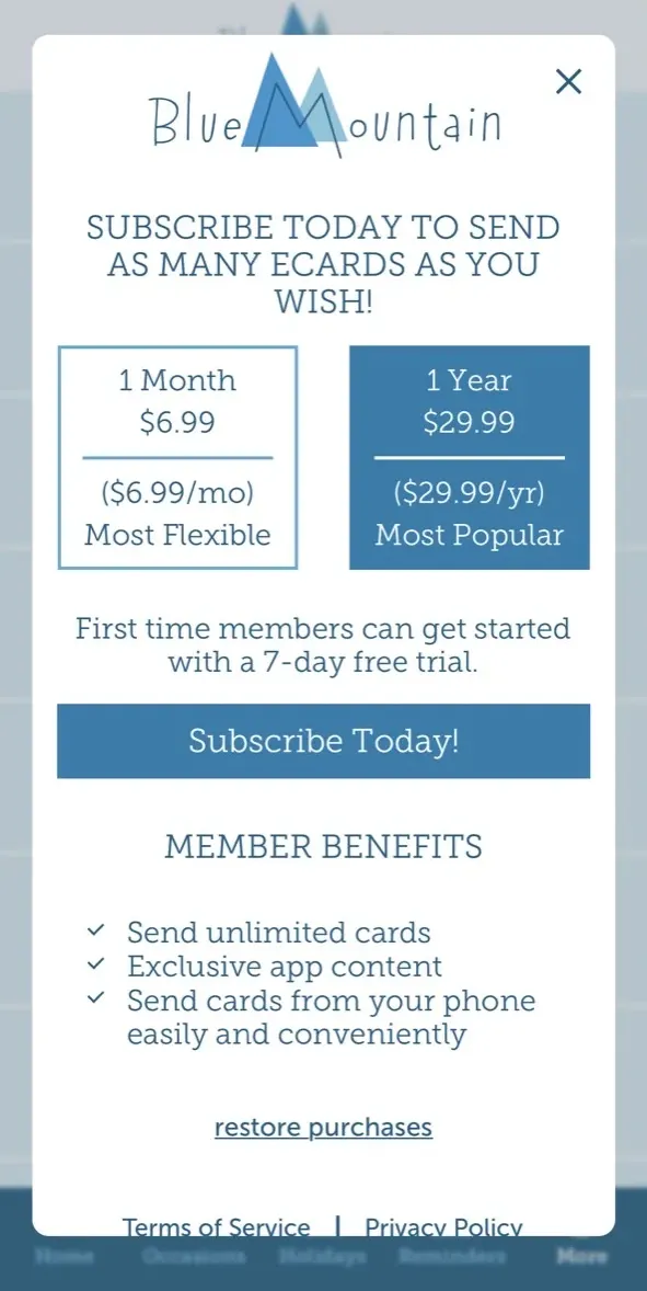 The paywall screen of the Blue Mountain Ecards app