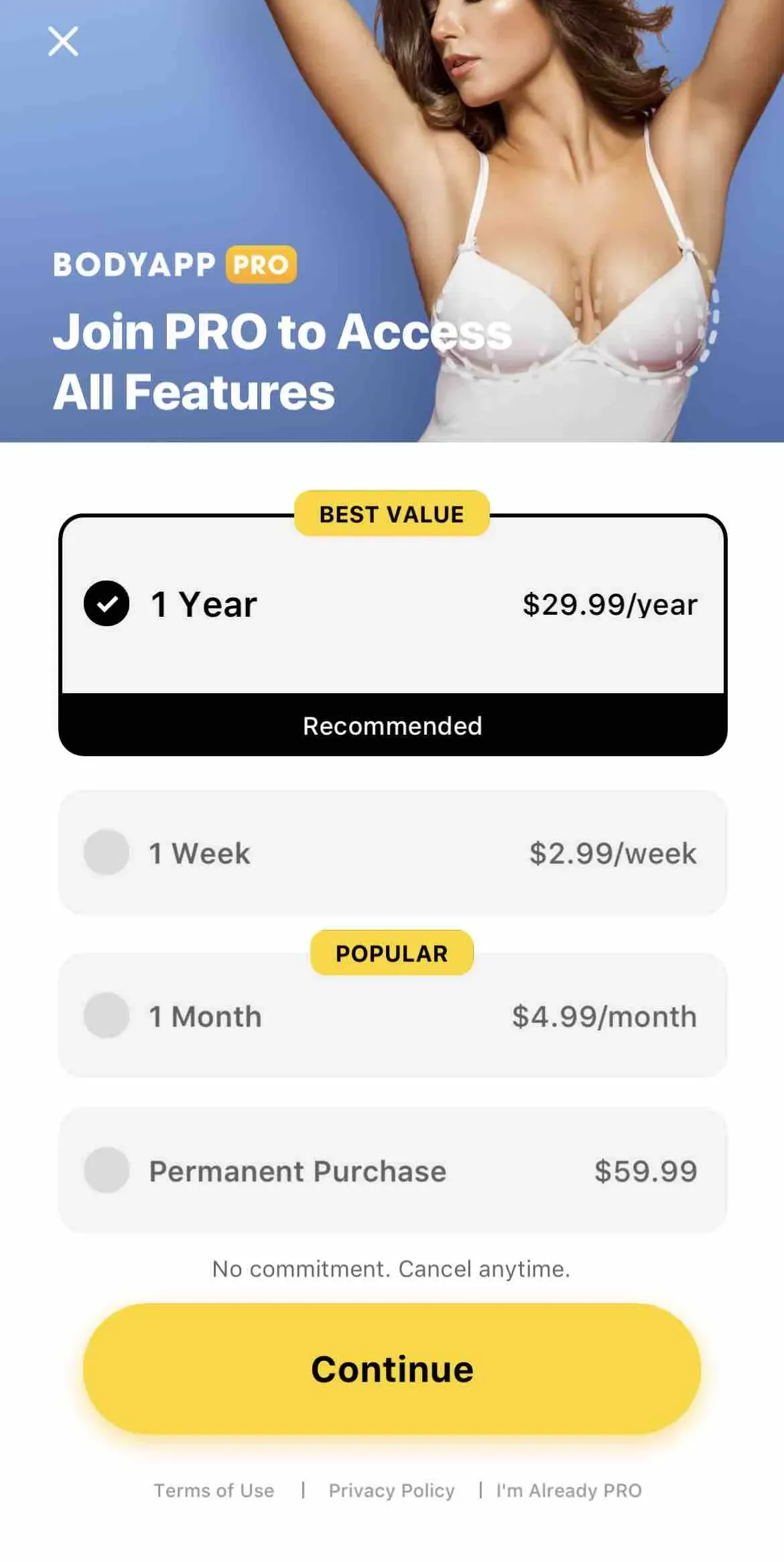 The paywall screen of the BodyApp app