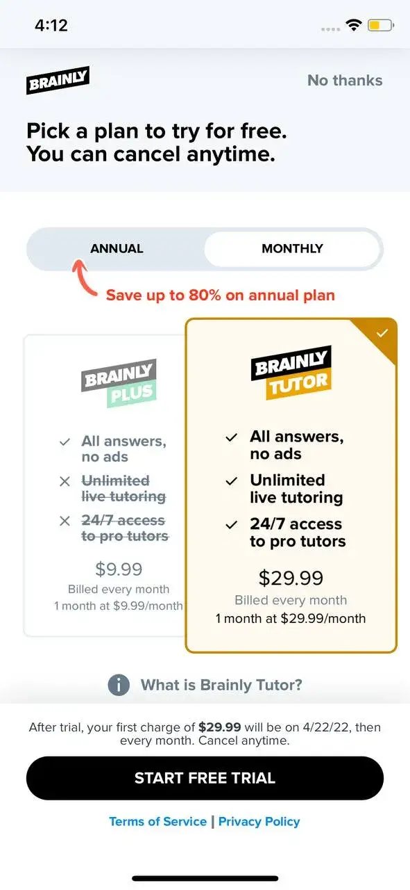 The paywall screen of the Brainly app