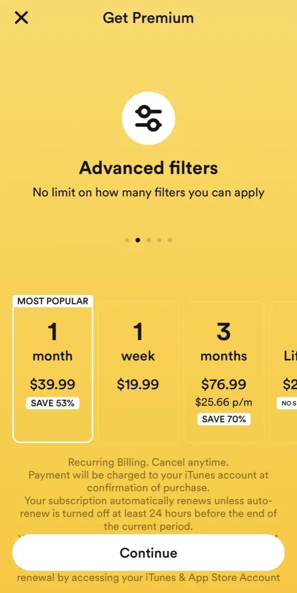 The paywall screen of the Bumble Dating App app