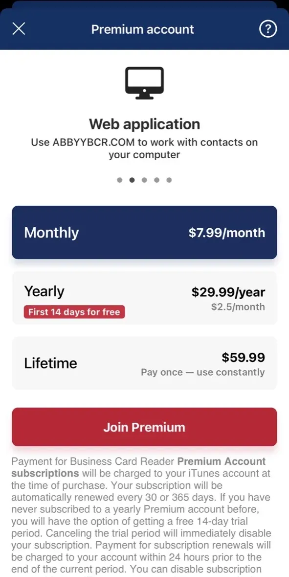 The paywall screen of the true app