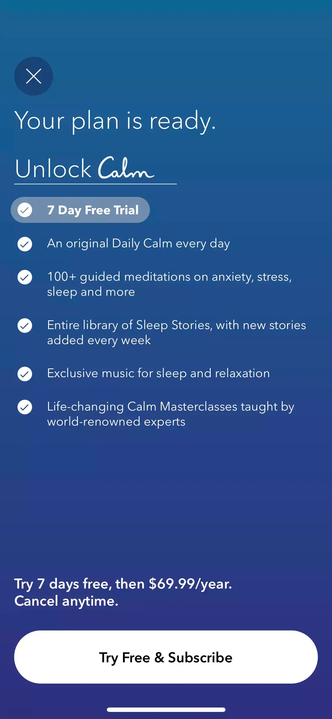 The paywall screen of the Calm app