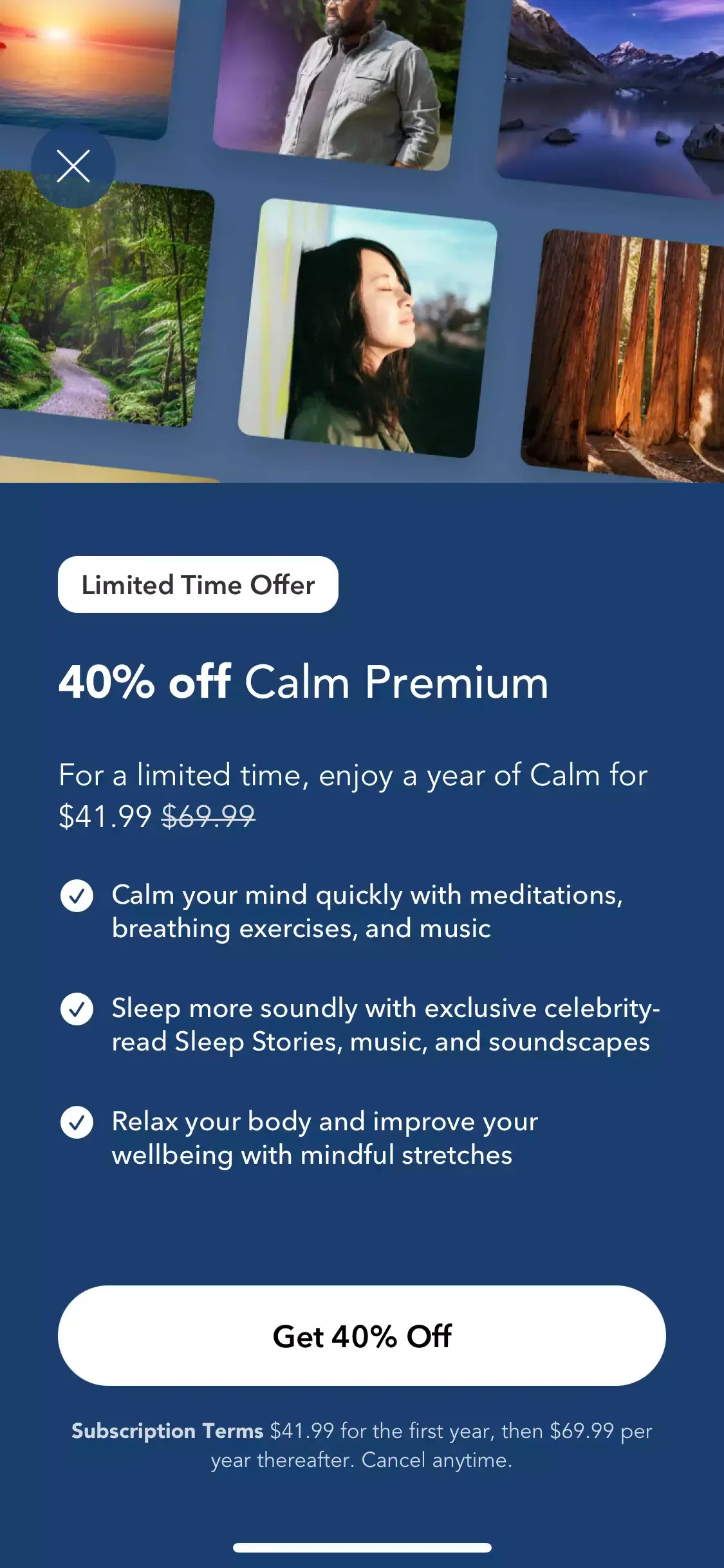 The paywall screen of the Calm app