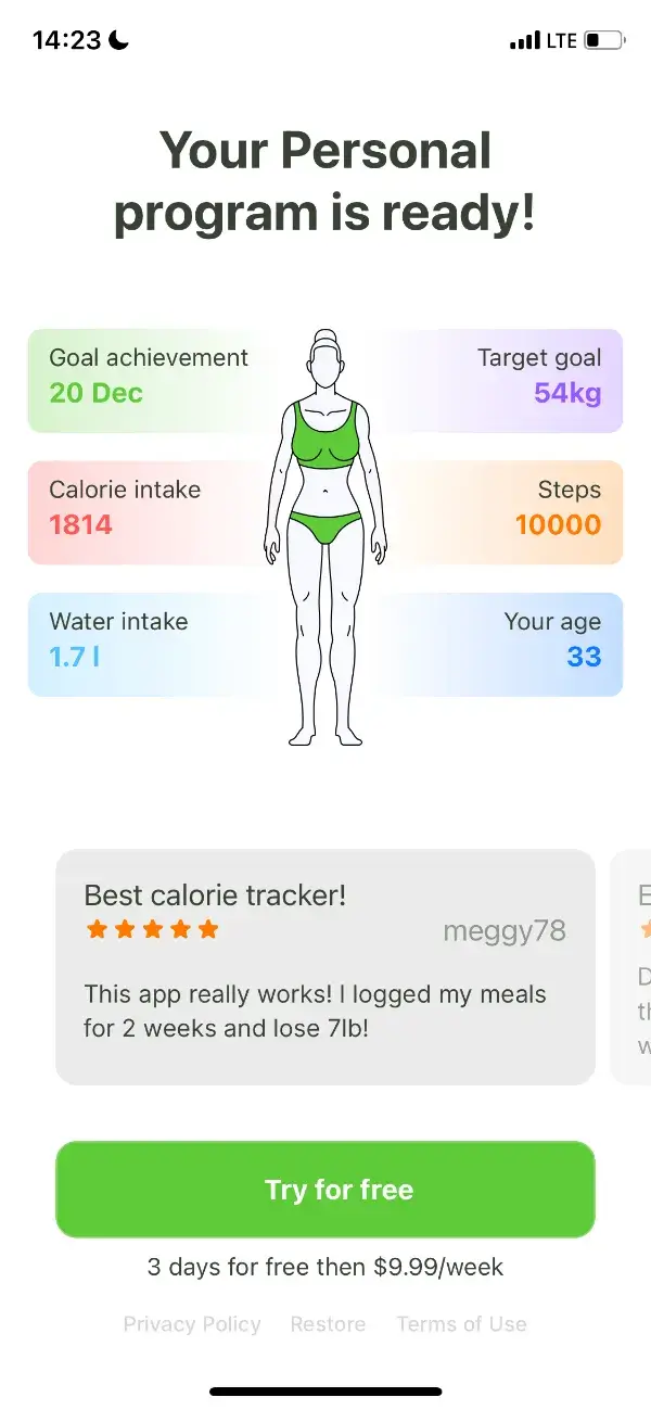 The paywall screen of the Calorie Counter app