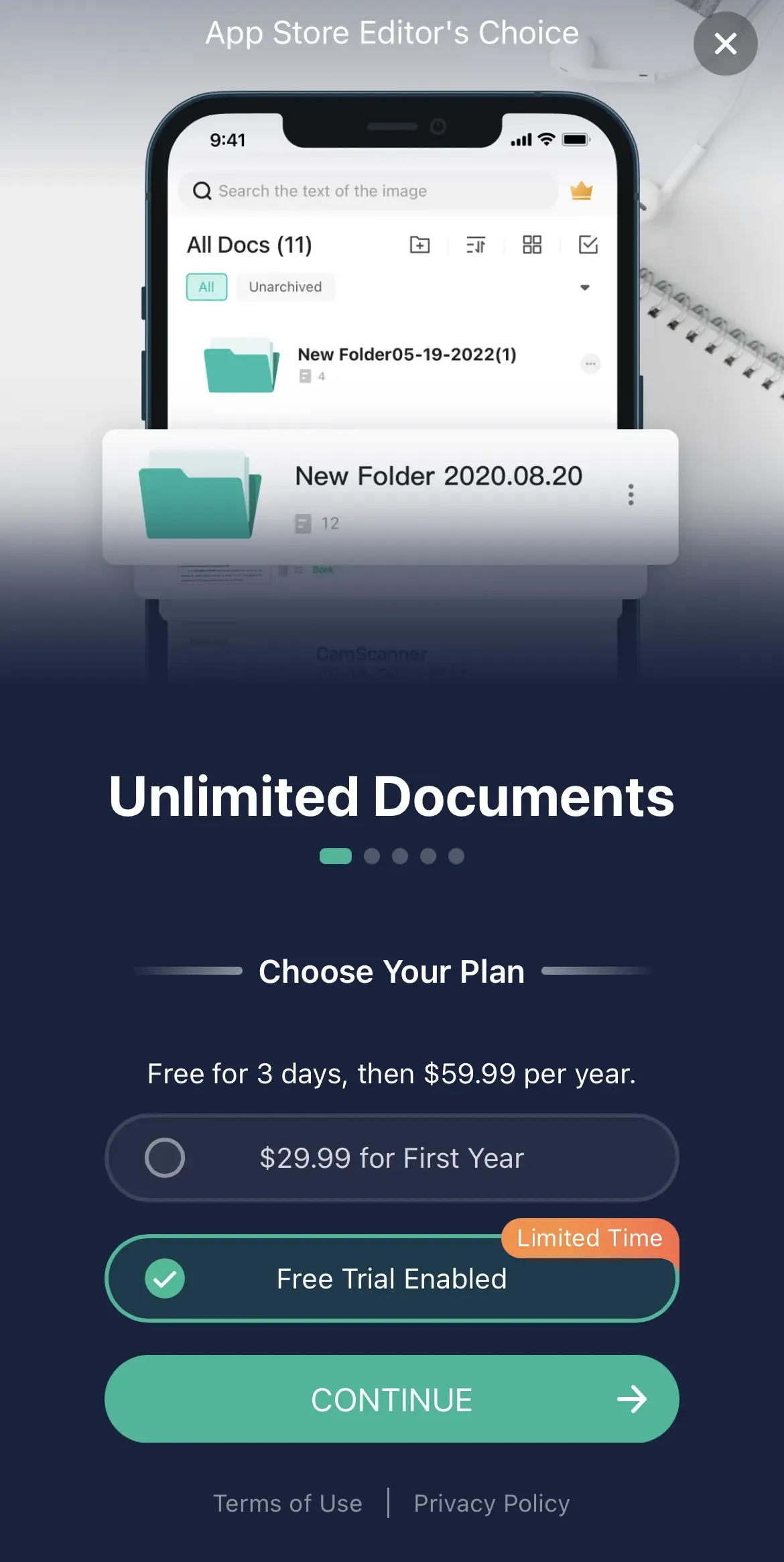 The paywall screen of the CamScanner app