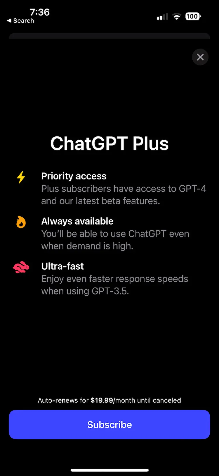 The paywall screen of the ChatGPT app