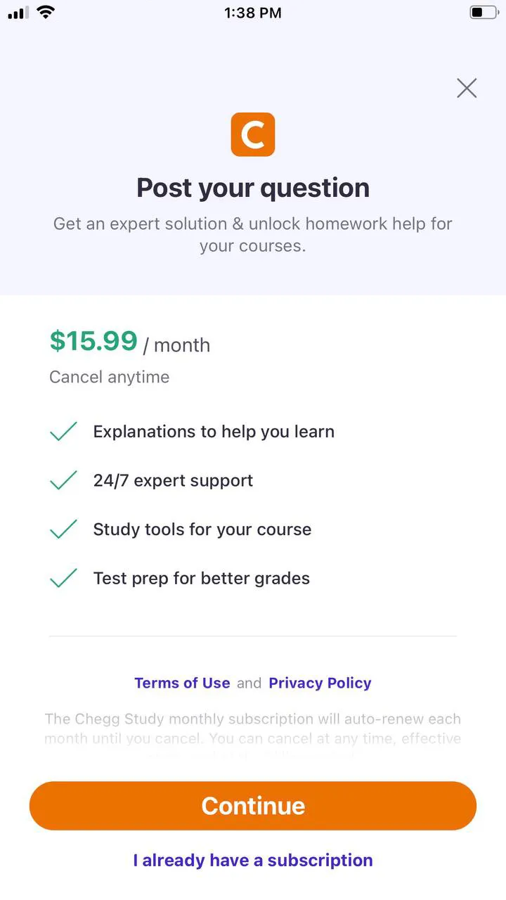 The paywall screen of the Chegg Study app