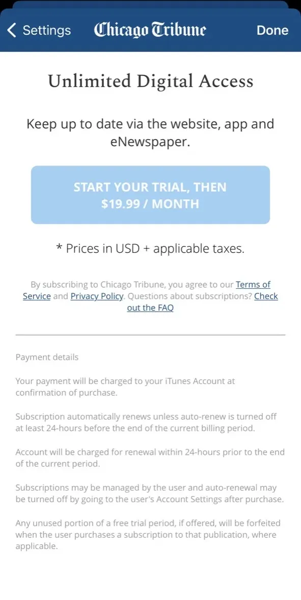 The paywall screen of the true app