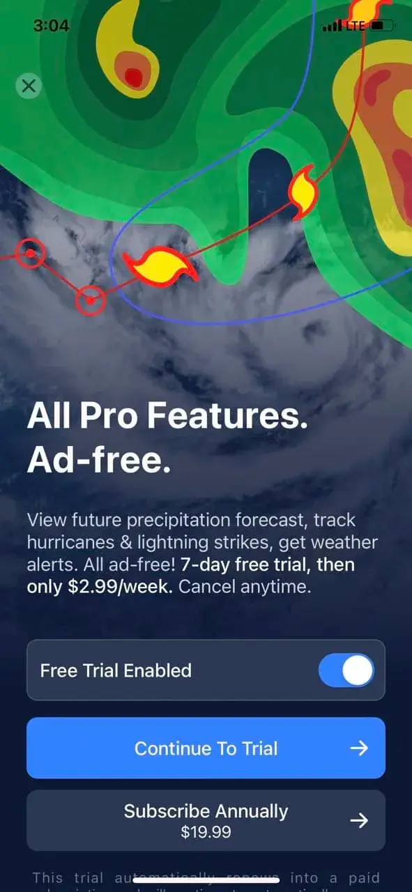 The paywall screen of the Clime app