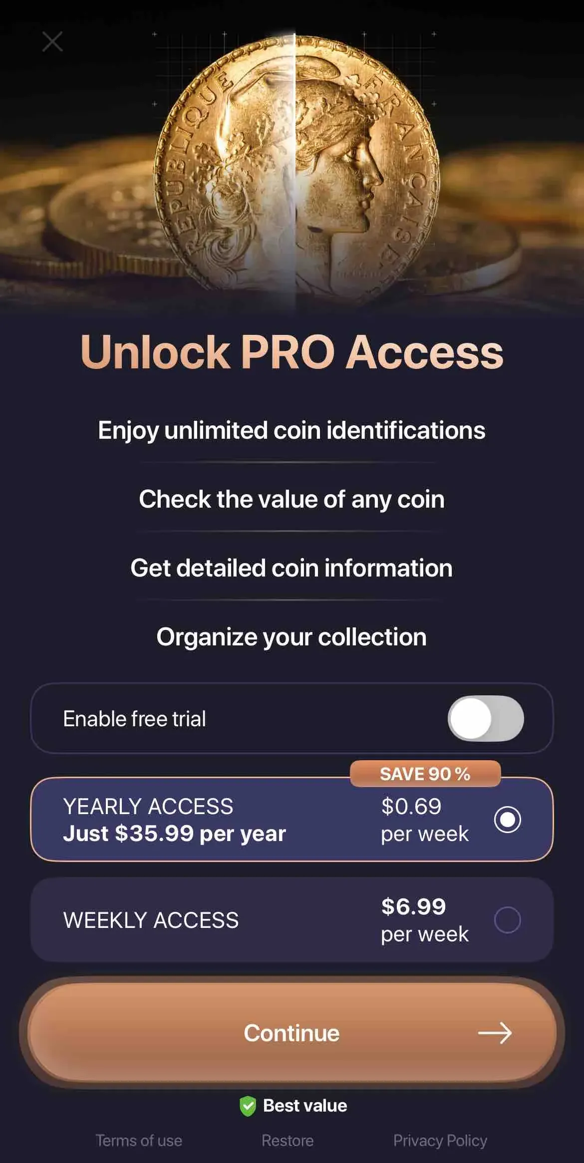 The paywall screen of the Coin Identifier app