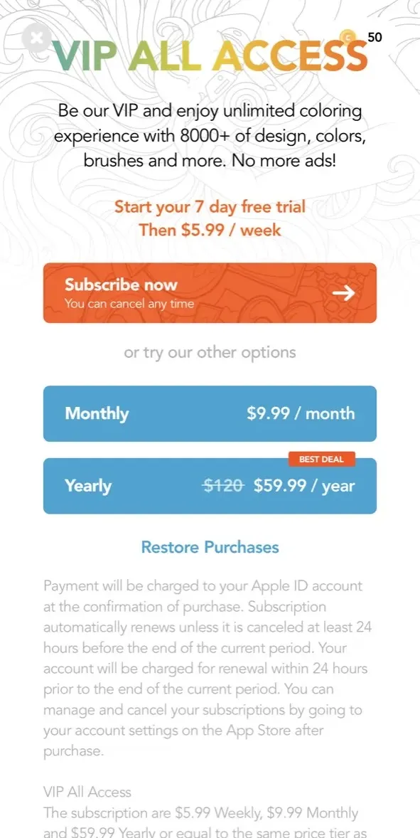 The paywall screen of the true app