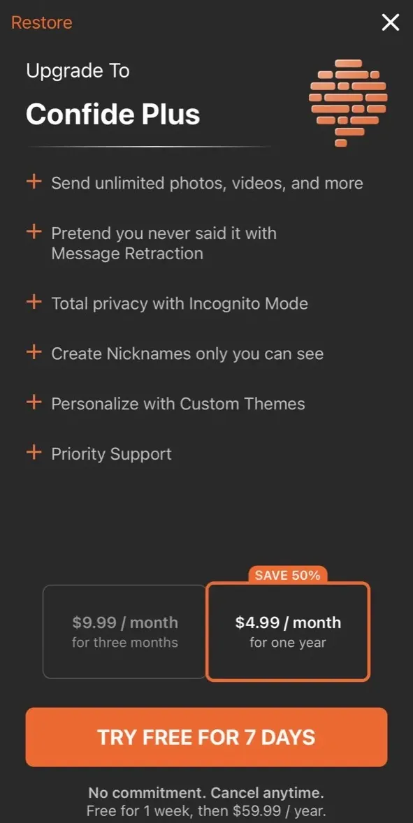 The paywall screen of the Confide app