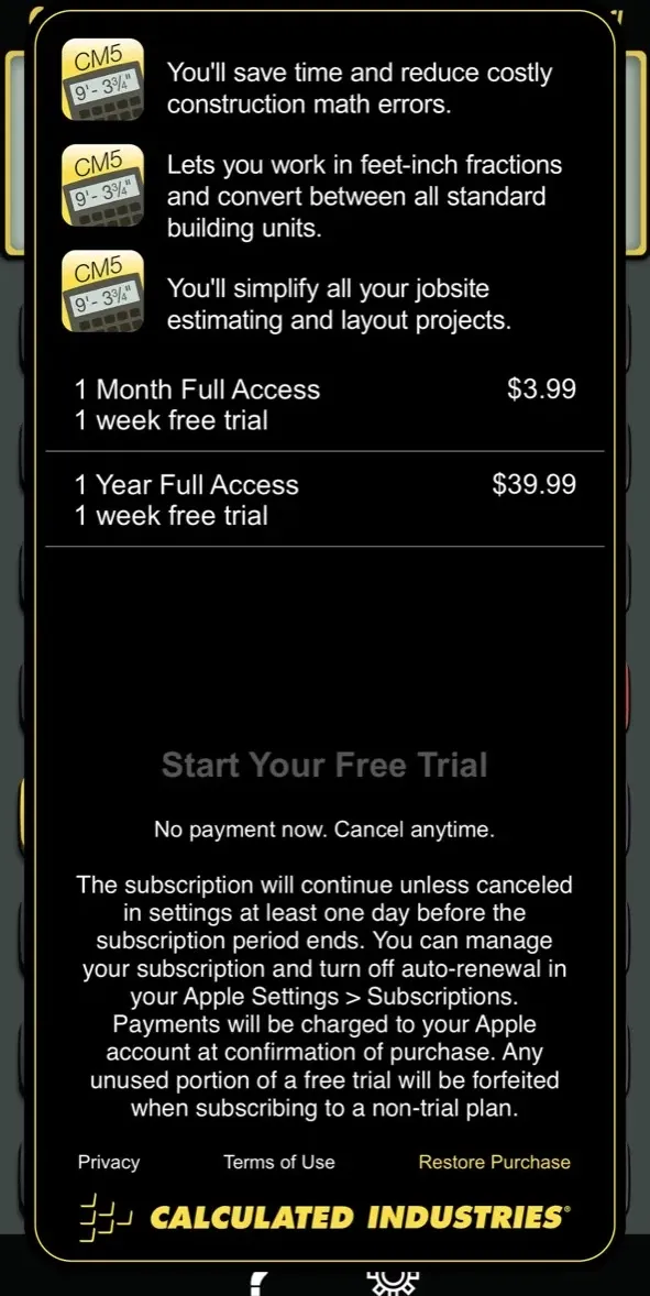 The paywall screen of the true app