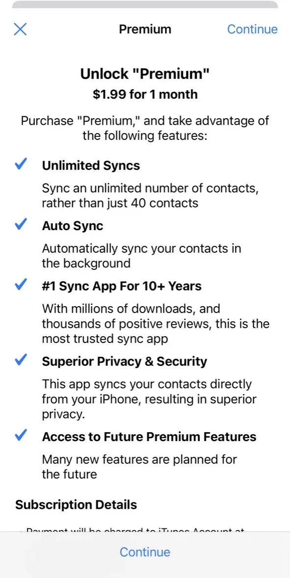 The paywall screen of the Contacts Sync app