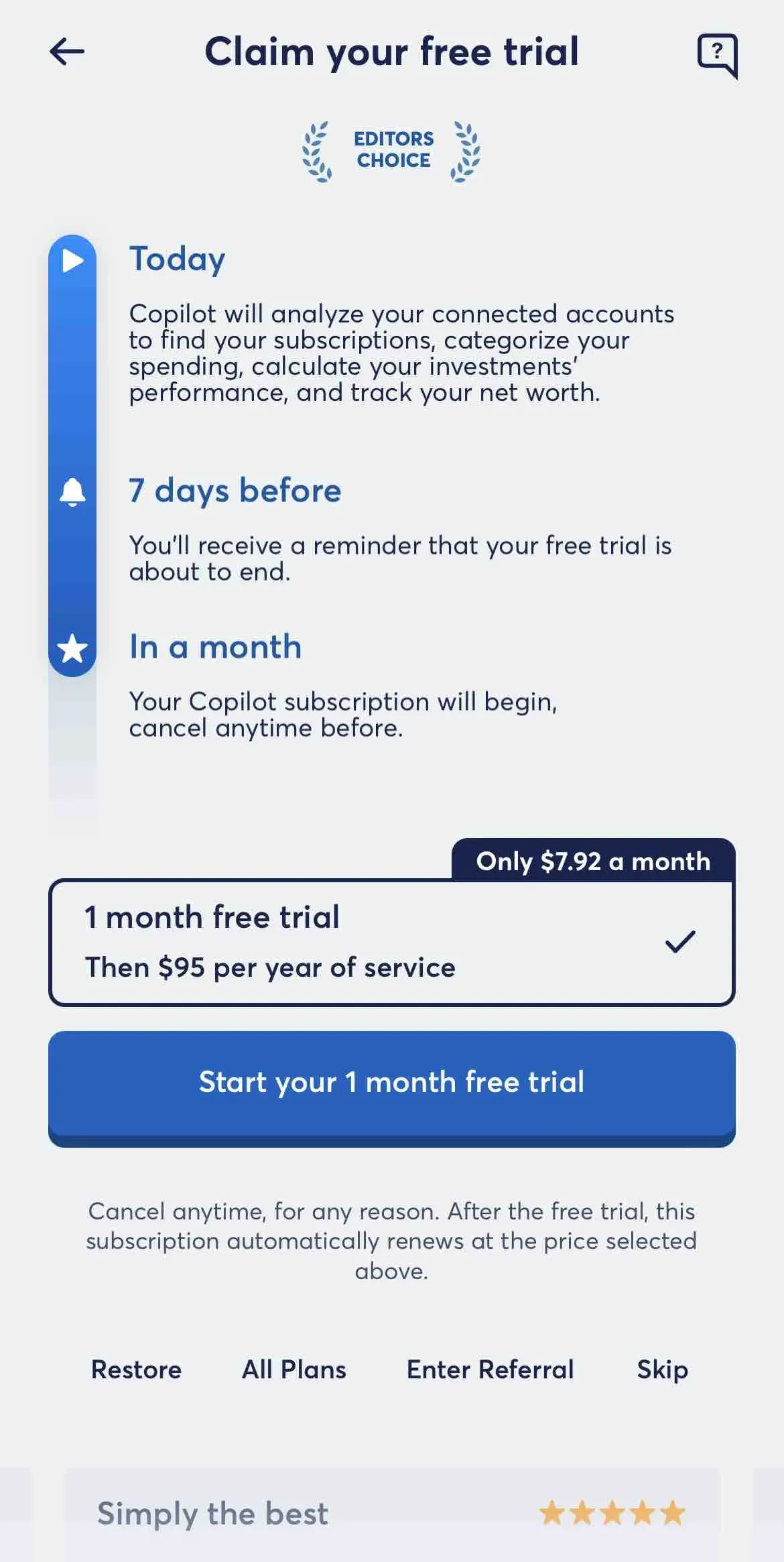 The paywall screen of the true app