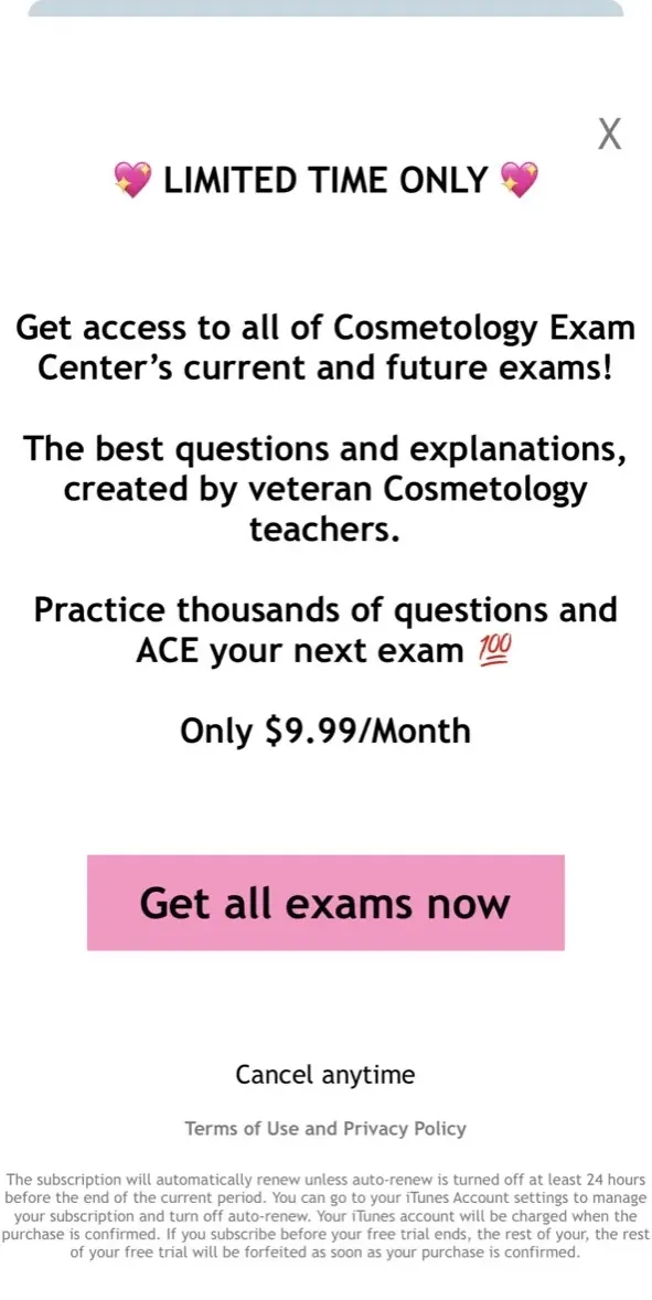 The paywall screen of the Cosmetology Exam Center app