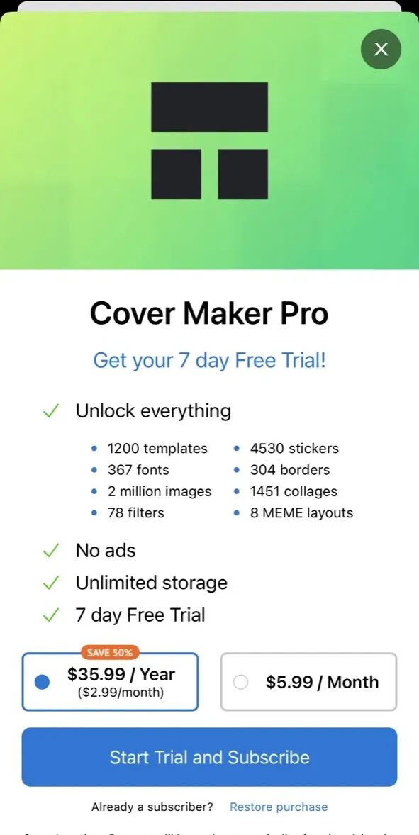 The paywall screen of the Cover Creator app