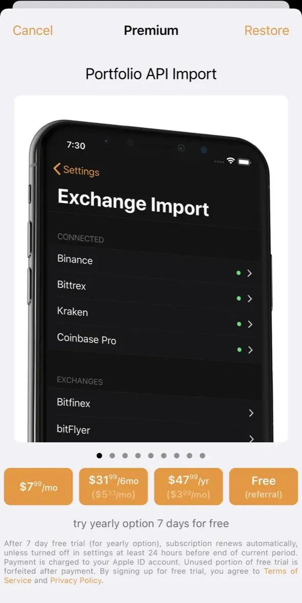 The paywall screen of the Crypto Pro app