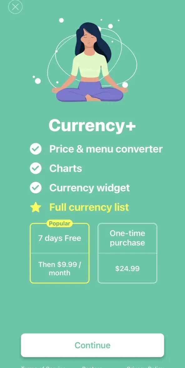 The paywall screen of the Currency converter app