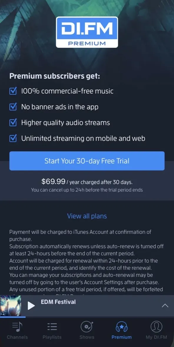 The paywall screen of the DI.FM app