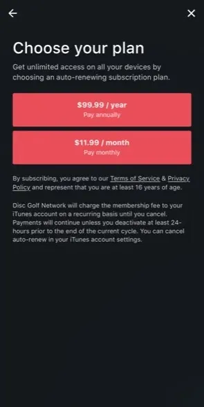The paywall screen of the Disc Golf Network app
